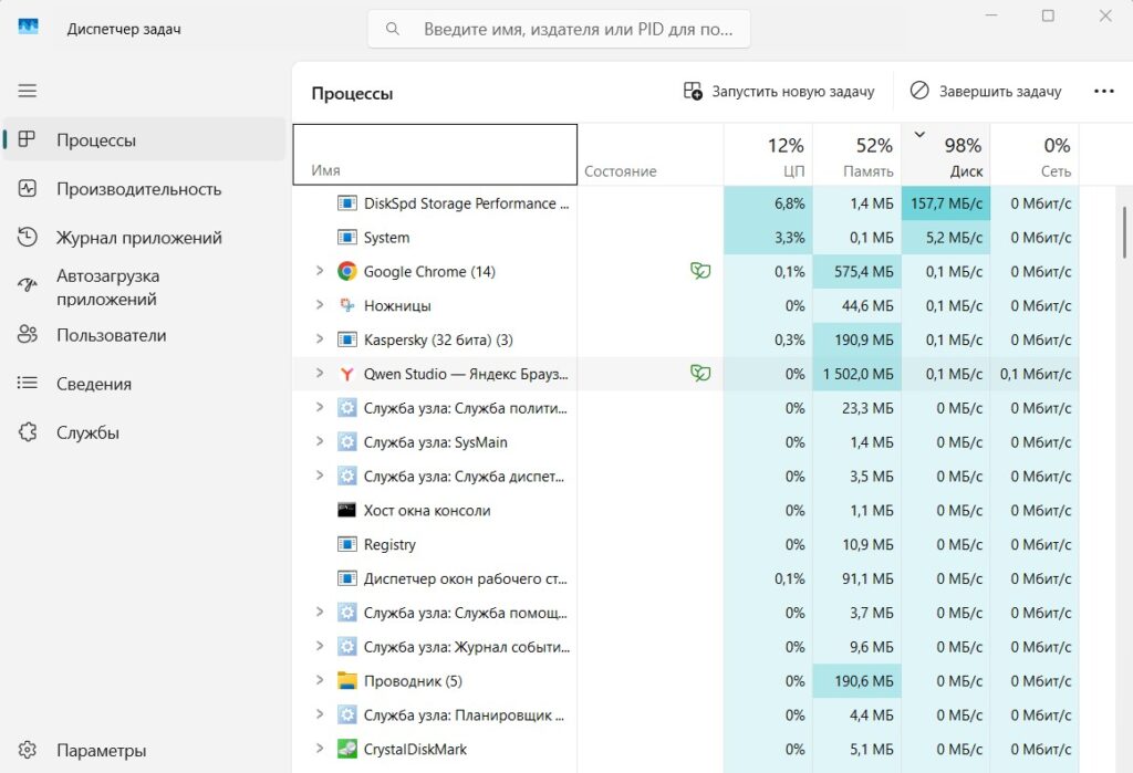 100 процентов диск в диспетчере задач Windows 11