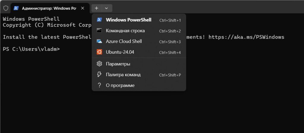 Выпадающее меню выбора профиля в Windows Terminal со списком PowerShell-CMD Выпадающее меню выбора профиля в Windows Terminal со списком PowerShell-CMD