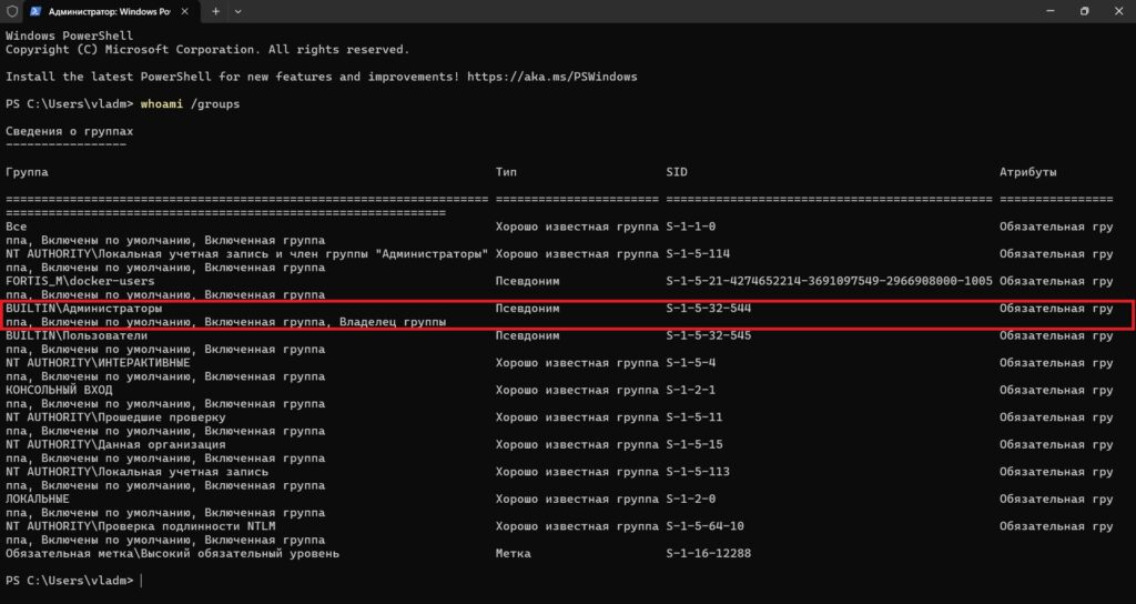Вывод whoami /groups в терминале windows 11 Вывод whoami /groups в терминале windows 11