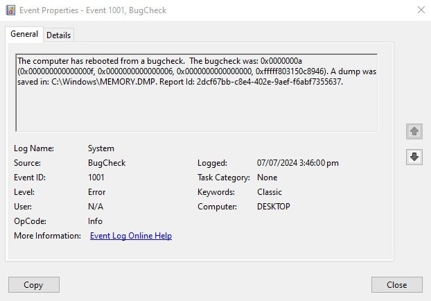 Просмотр источника BugCheck в журнале системных событий Просмотр источника BugCheck в журнале системных событий